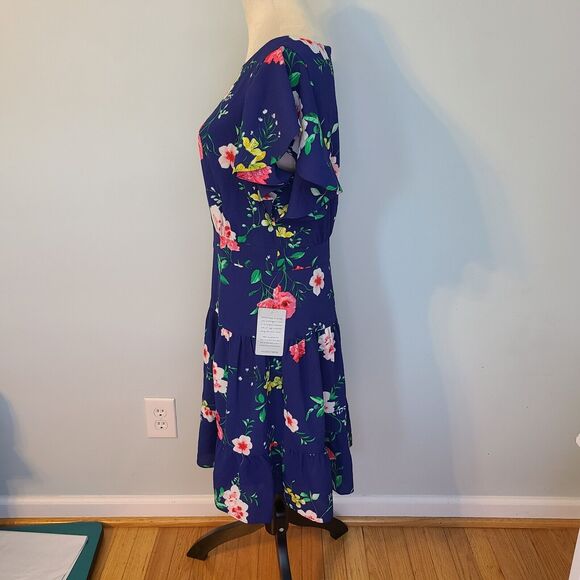 Eliza J Navy Blue Floral Mini Dress Women 14 Flutter Sleeve Fairy Cottagecore - Picture 5 of 15